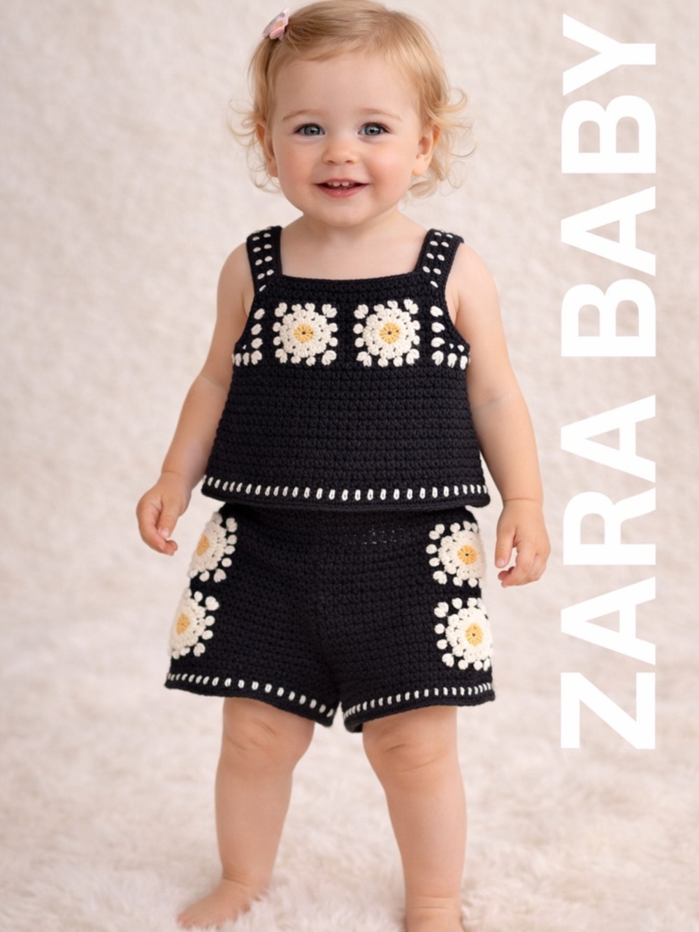 ZARA Baby Crochet Daisy Set Black 12-18M Knit Top Shorts Outfit